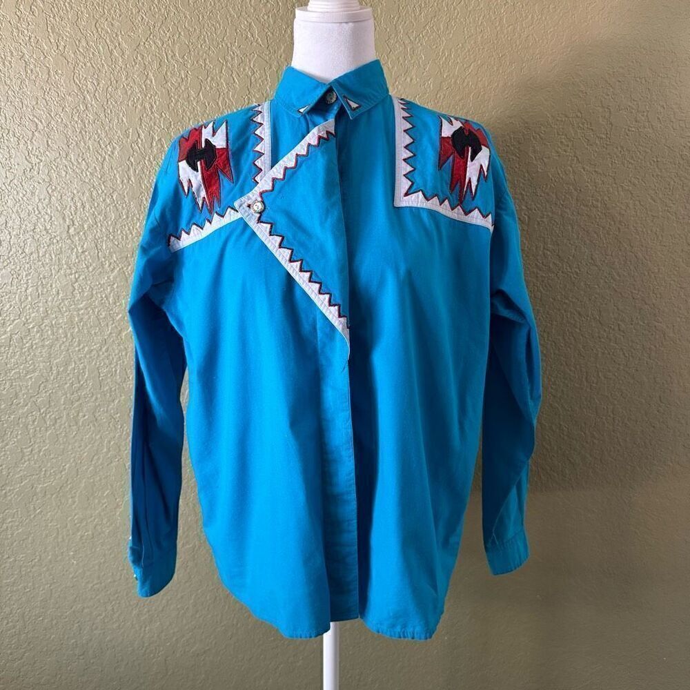 Vintage Blue Canyon Western Wear Small Blue Cowboy Poncho Shirt Blue Pearl Snap
